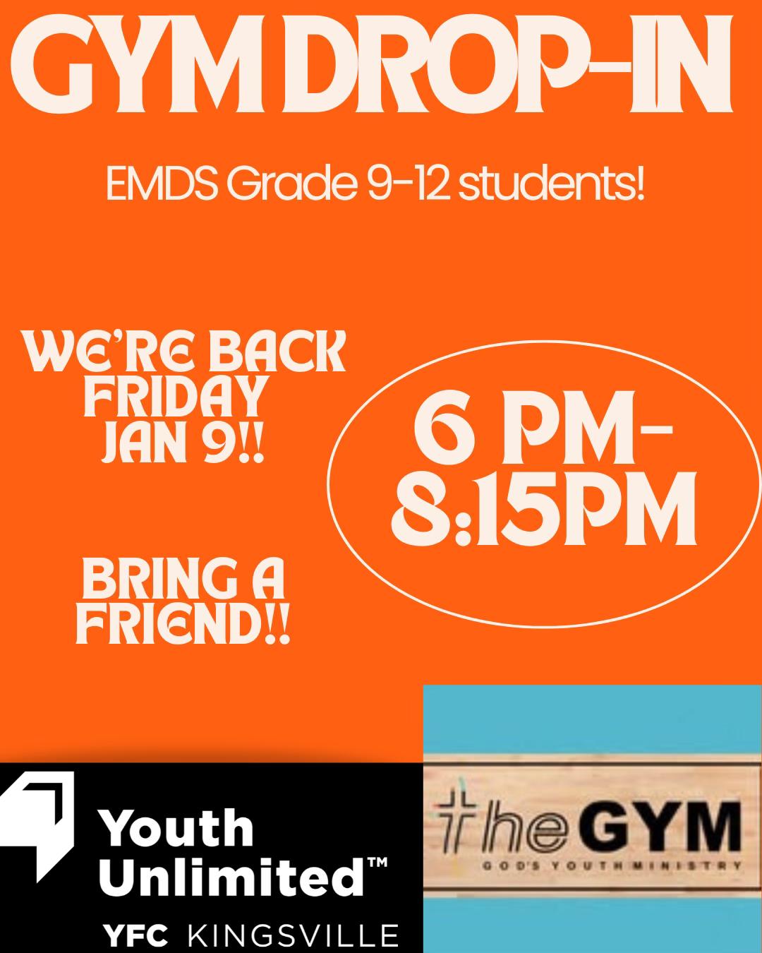 Youth Unlimited YFC Kingsville GYM Drop-In announcement